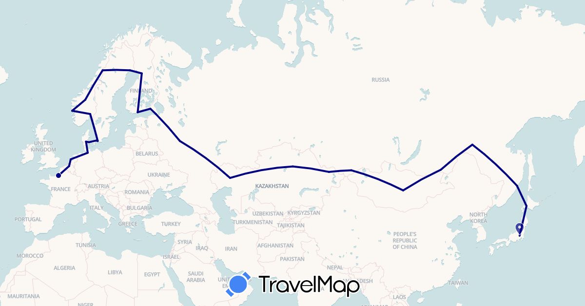 TravelMap itinerary: driving in Belgium, Germany, Denmark, Finland, France, Japan, Kazakhstan, Mongolia, Netherlands, Norway, Russia, Sweden (Asia, Europe)